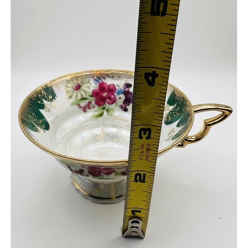 Trimont Ware Japan Pedestal Teacup Saucer Floral Gold Gilt Luster Vintage Tea Se